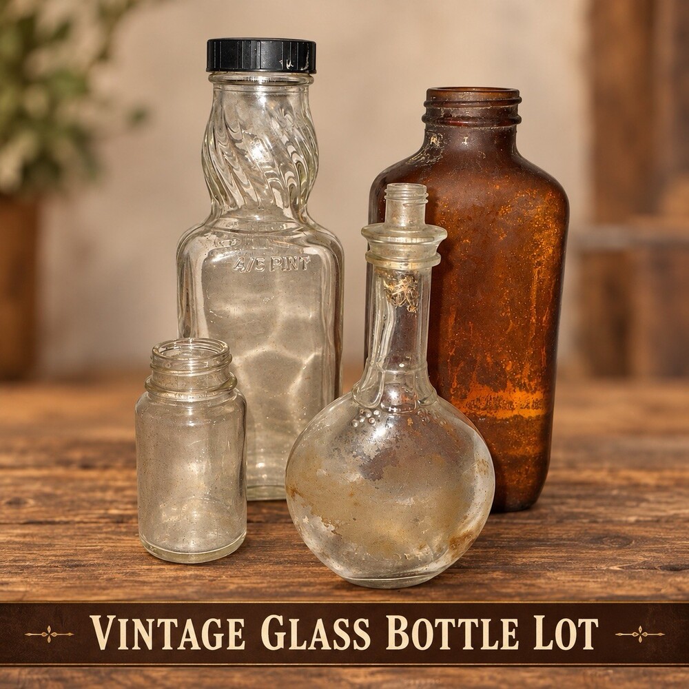 Vintage Glass Bottle Lot Amber Medicine Flask 4/5 Pint Apothecary Decor